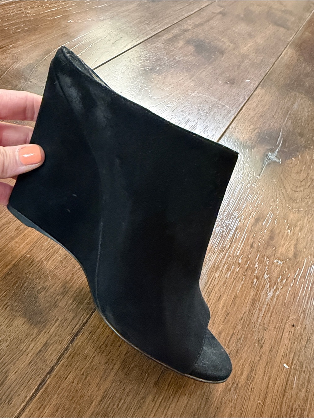 Prada - Women’s Black Suede Peep-Toe Wedge Bootie Mules Heel - Size: 38 - Picture 5 of 12